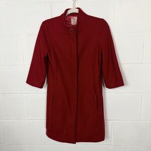 VTG‎ Tulle Red Coat Wool Blend 3/4 Sleeves High Neck Retro Classic Holiday M